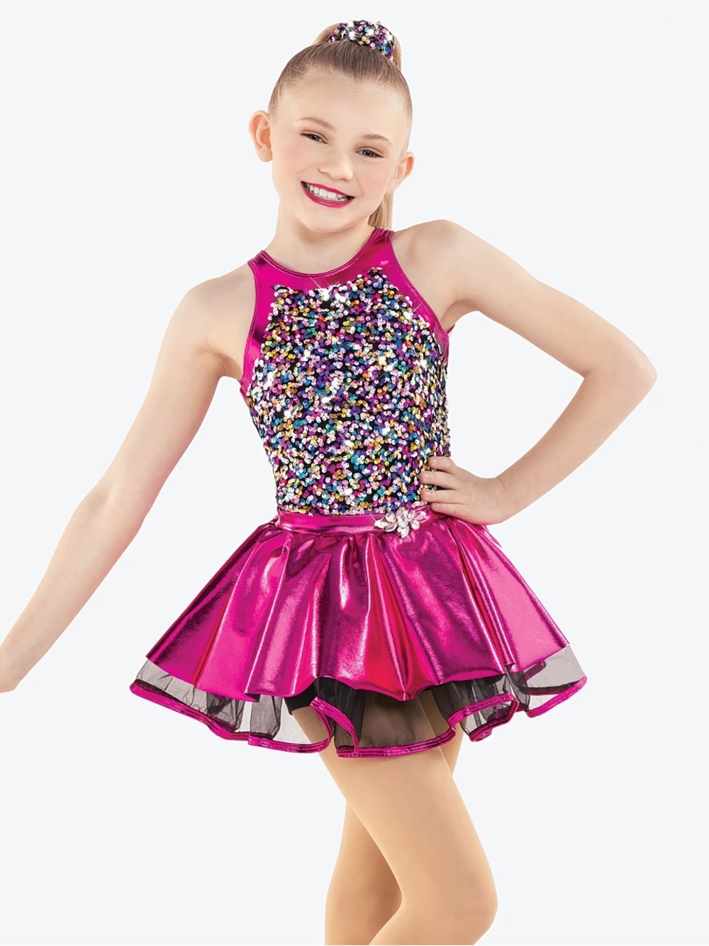 Revolution Dancewear Fuchsia Multicolor Sequin Dance Costume + Bow Girls XLC